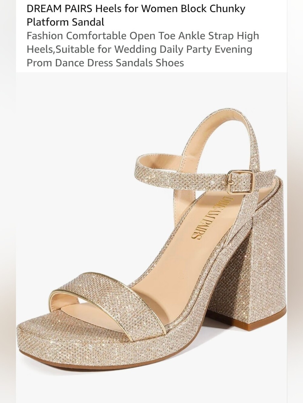 Glitter Block Heel - Ankle Strap Sandal - Gold